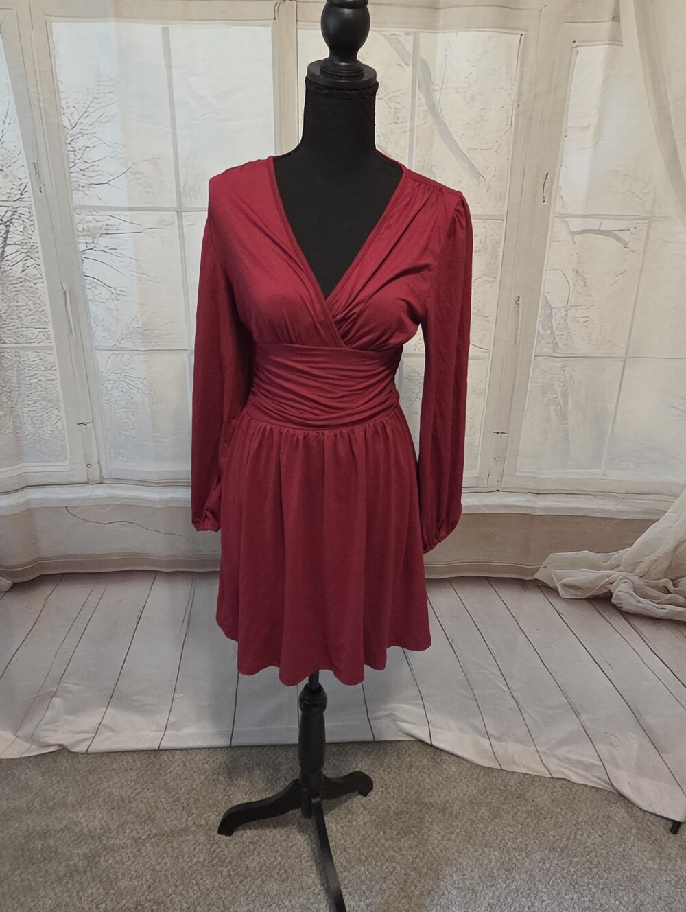 Kohl's Burgundy Long-Sleeve V-Neck Wrap Dress